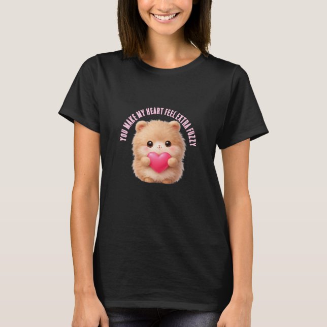 Cute Fuzzy Valentine Character Holding Heart  T-Shirt (Front)