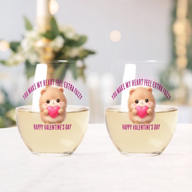 Cute Fuzzy Valentine  Stemless Wine Glass (Insitu (Wedding))