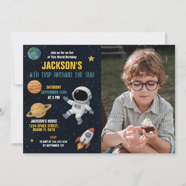 Cute Galaxy Rocket Party Invite with photo (Front)