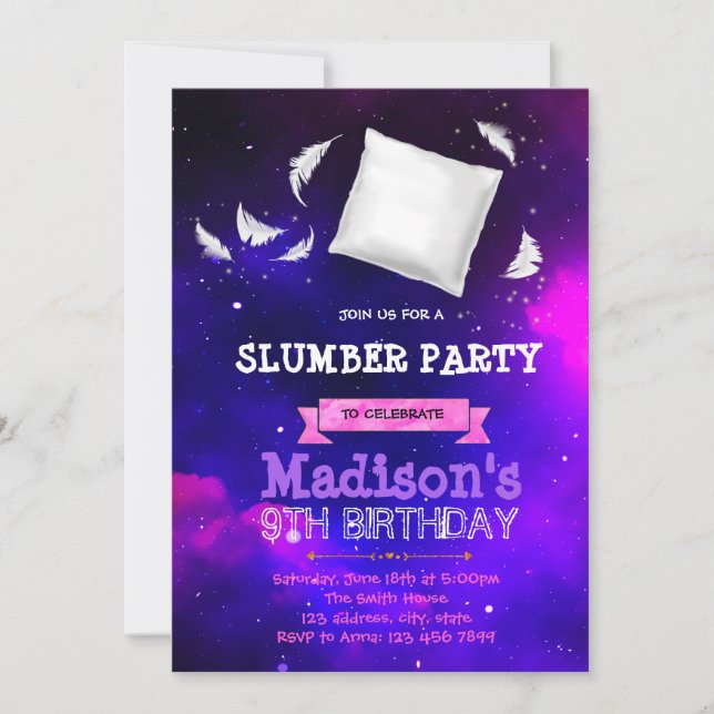 Cute galaxy sleepover party invitation (Front)