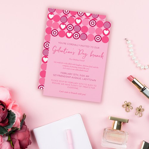 Cute Galentineâs Day Brunch Pink Heart and Flower Invitation