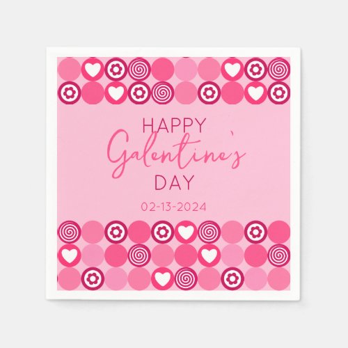 Cute Galentines Day Pink Heart and Flower Pattern Napkins