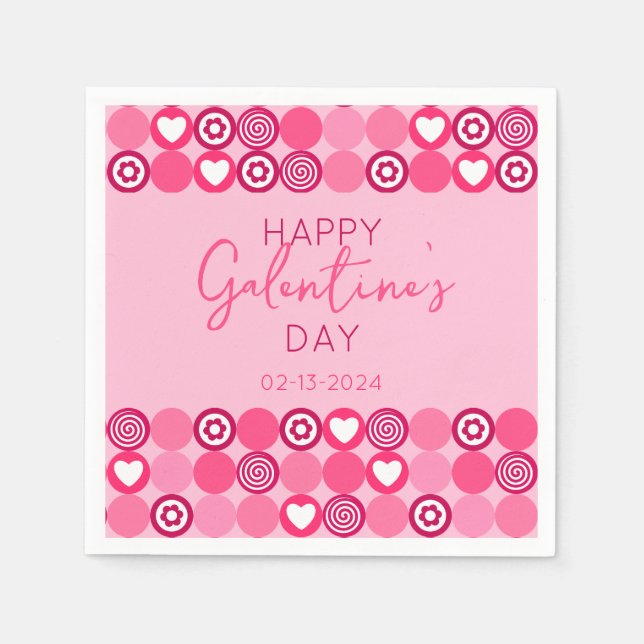 Cute Galentine’s Day Pink Heart and Flower Pattern Napkins (Front)