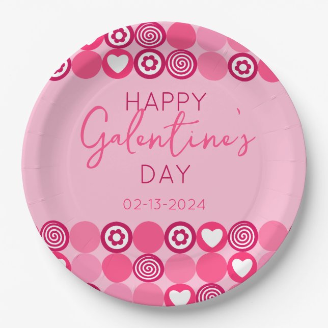 Cute Galentine’s Day Pink Heart and Flower Pattern Paper Plates (Front)