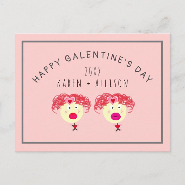 Cute Galentines Day Friend Pink Hearts Name Postcard (Front)