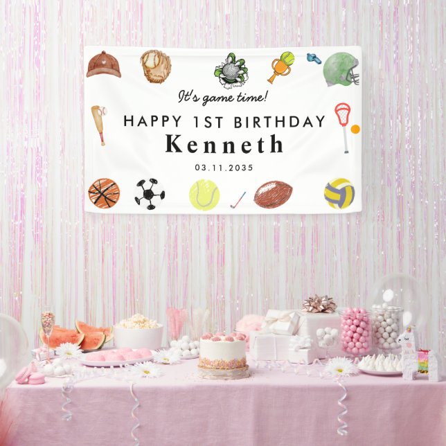 Cute Game Time Sports Balls Kids Birthday Welcome  Banner (Party)