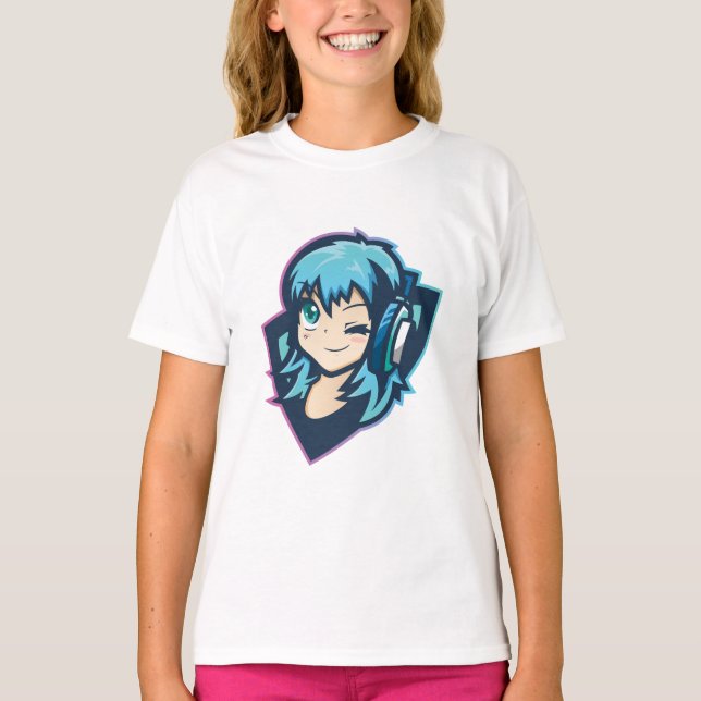 Cute Gamer Anime Girl Music T-Shirt (Front)