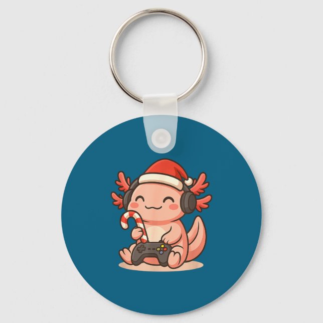 Cute Gamer Axolotl Christmas Design  Keychain (Front)