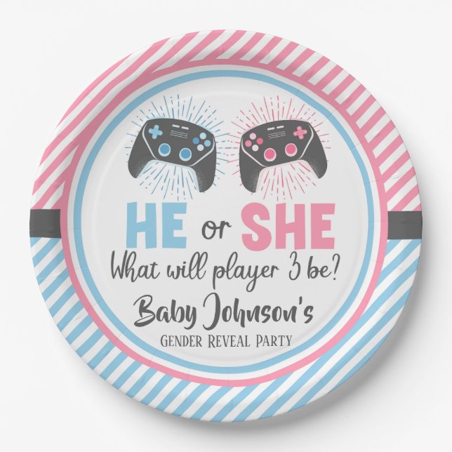 Cute Gamer Baby Gender Reveal Paper Plates (Front)