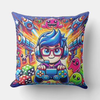 Cute Gamer Boy With Controller Colorful Gaming Car Throw Pillow