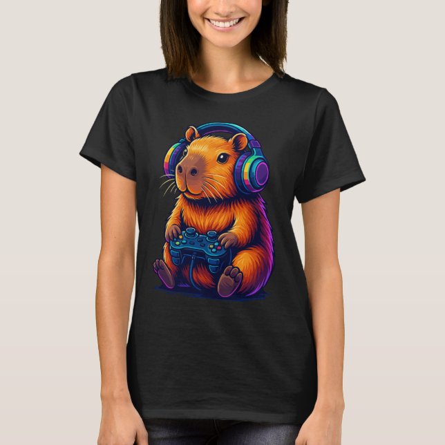 Cute Gamer Capybara — with Headset & Controller T-Shirt (Front)