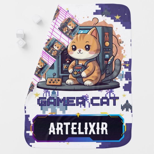 Cute Gamer Cat Blue Print Baby Blanket (In Situ)