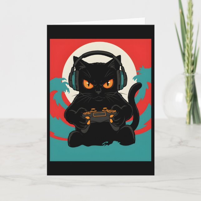 Cute Gamer Cat Headset Retro Console Night Scene Card (Front)