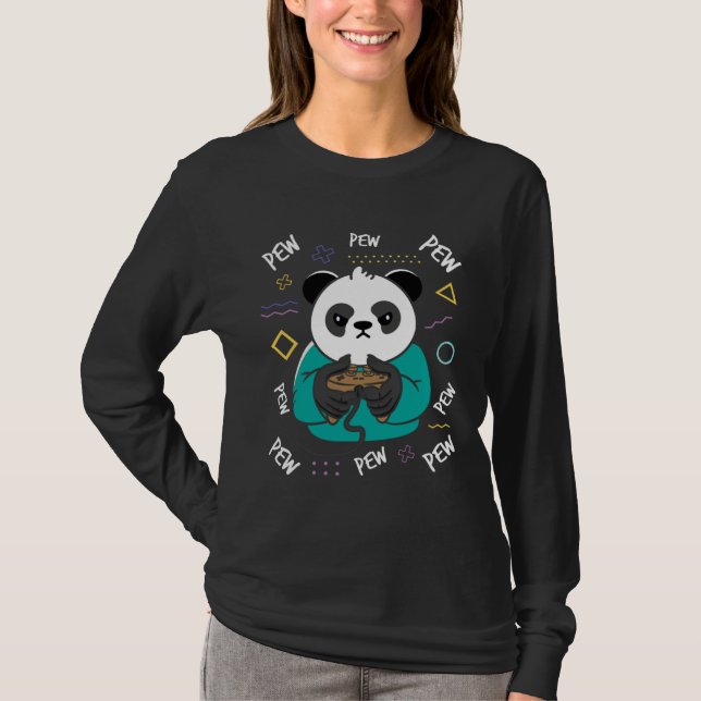 Cute Gamer Panda Bear With Gaming Controller T-Shirt (Front)