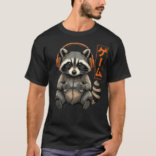 Cute Gamer Raccoon Japanese Kanji Game Controller T-Shirt