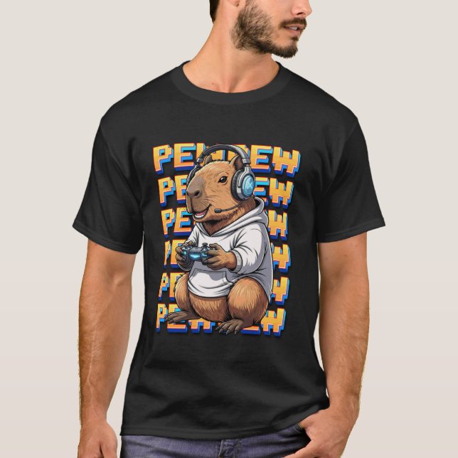 Cute Gaming Capybara Pew Video Game Design T-Shirt (Front)