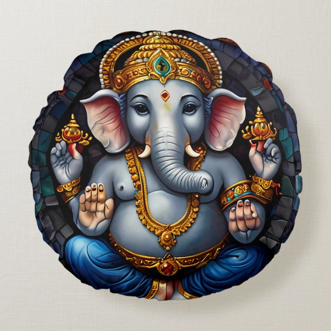 Cute Ganesh Blue Elephant God  Round Pillow (Front)
