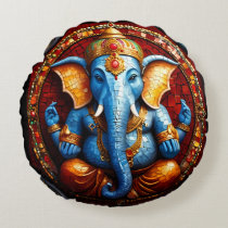 Cute Ganesh Blue Elephant God  Round Pillow