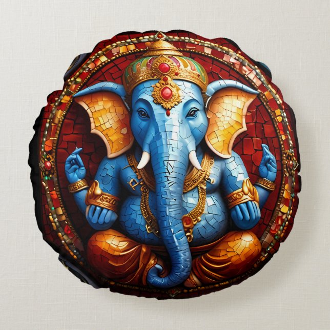 Cute Ganesh Blue Elephant God  Round Pillow (Front)