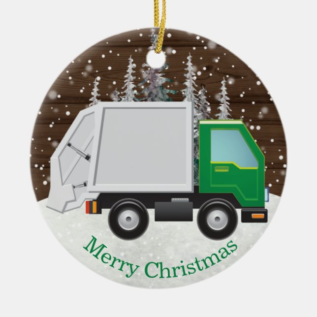 Cute Garbage Truck Green Christmas Ceramic Ornament (Front)
