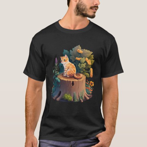 Cute Garden Cat on a Tree Stump with Flowers Cotta T_Shirt