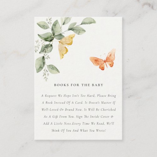 Cute Garden Fauna Butterfly Books For Baby Shower Enclosure Card