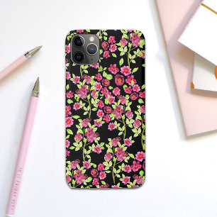 Cute Garden Flowers Pink Green on Black Background iPhone 11 Pro Max Case