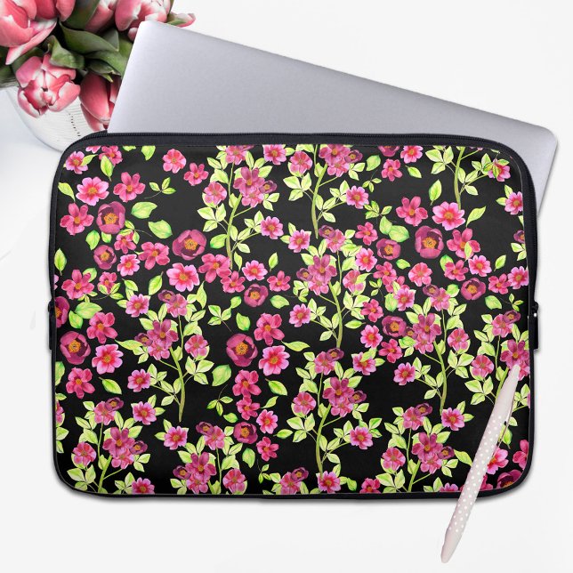 Cute Garden Flowers Pink Green on Black Background Laptop Sleeve (Creator Uploaded)