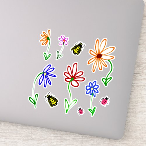 Cute Garden Flowers with Bees and Ladybugs set  Sticker