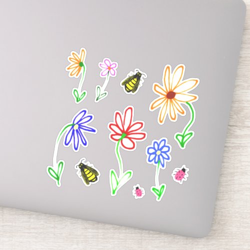 Cute Garden Flowers with Bees and Ladybugs set  Sticker