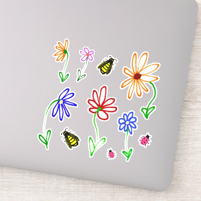 Cute Garden Flowers with Bees and Ladybugs set  Sticker (Detail)