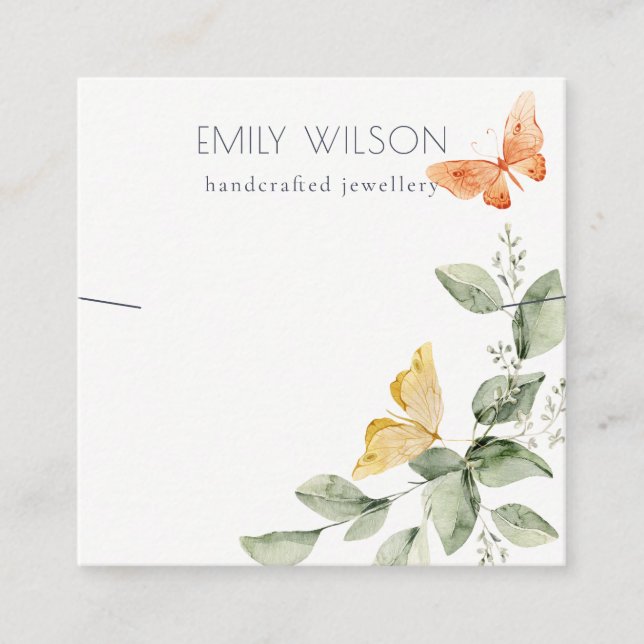 Cute Garden Foliage Butterflies Necklace Display Square Business Card (Front)
