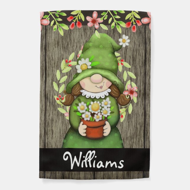 Cute Garden Gnome Custom Family Name Flag (Front)