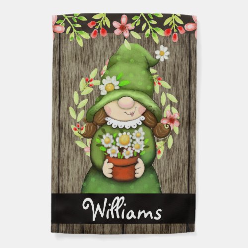 Cute Garden Gnome Custom Family Name Garden Flag