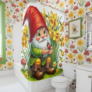 Cute Garden Gnome with Flowers Shower Curtain