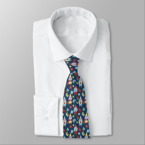 Cute Garden Gnomes and Flowers Patterned Neck Tie