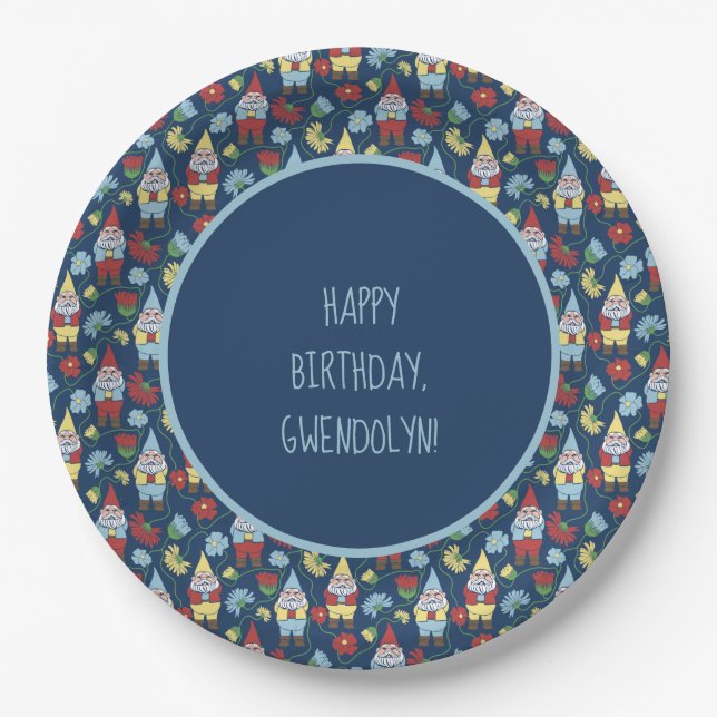 Cute Garden Gnomes and Flowers Personalized Paper Plates (Front)