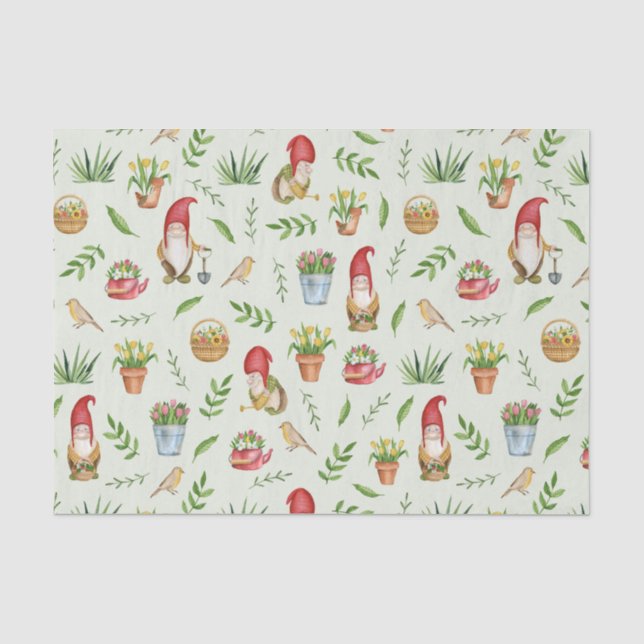 Cute Garden Gnomes, Flowers and Birds   Tissue Paper (Front)