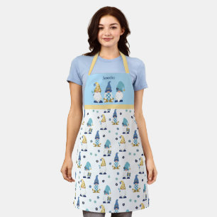 Cute Garden Gnomes Gold Blue Gingham Apron