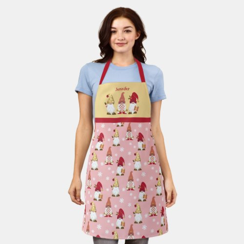 Cute Garden Gnomes Red Gold Pink Winter Apron