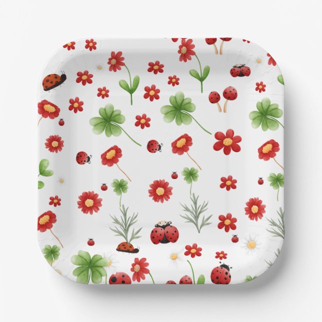 Cute Garden little ladybug baby shower Invitation Paper Plates (Front)