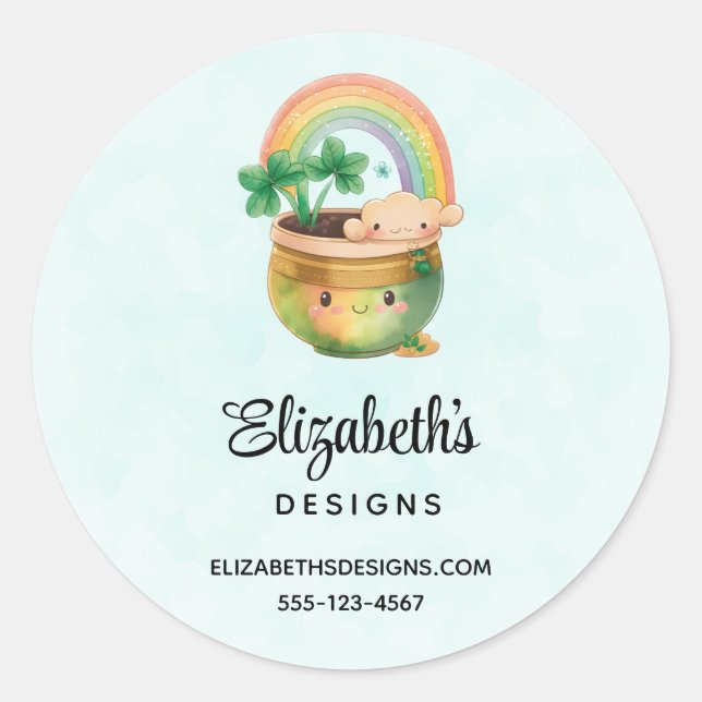 Cute Garden Planter with Rainbow & Clover Business Classic Round Sticker (Front)
