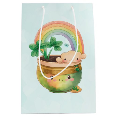 Cute Garden Planter with Rainbow  Clover Medium Gift Bag