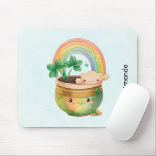 Cute Garden Planter with Rainbow & Clover Mouse Pad