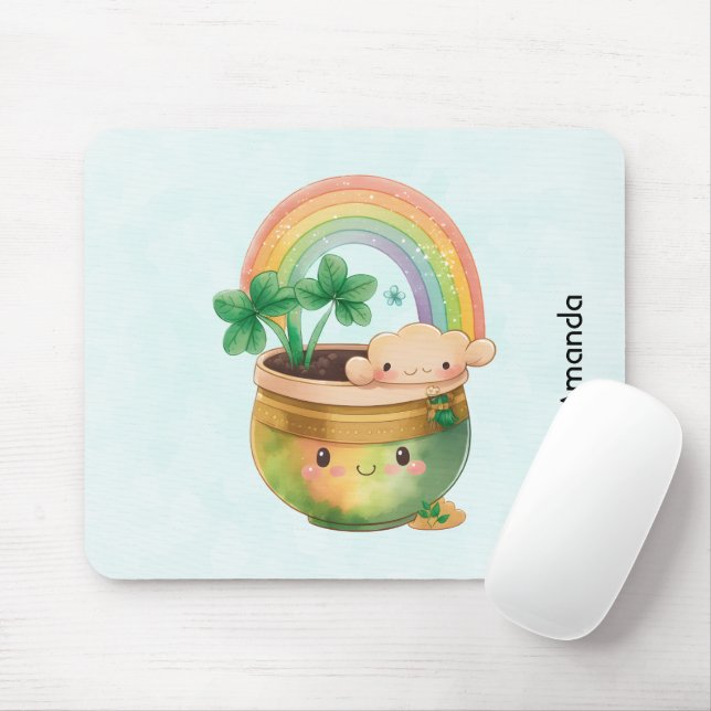 Cute Garden Planter with Rainbow & Clover Mouse Pad (With Mouse)