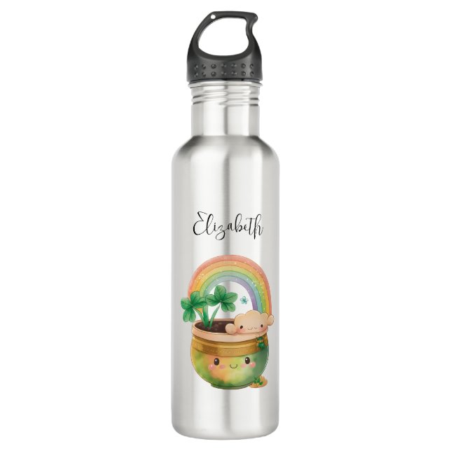 Cute Garden Planter with Rainbow & Clover Stainless Steel Water Bottle (Front)