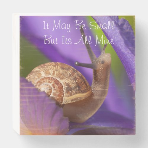 Cute garden snail on purple flower wooden box sign