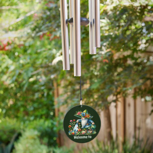 Cute garden welcome gnome add text  wind chime 
