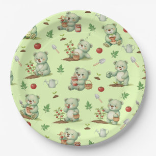Cute Gardener Bear and Tomato Garden Seamless Patt Paper Plates