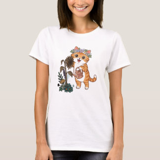 Cute Gardener Cat Watering Sunflowers Illustration T-Shirt